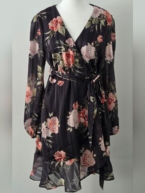 Guess Black Floral Wrap Dress with Pink Roses